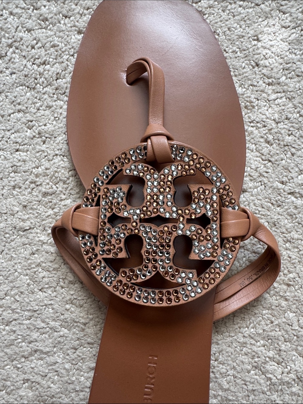 Tory Burch Tan Leather Miller Sandals with Crystal Logo - Picture 3 of 5